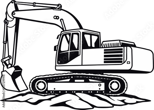 Backhoe excavator against dirt in monochrome. Suitable for construction, excavation, heavy machinery, industrial, and engineering themes in designs.