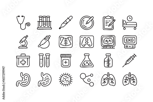 Set of Healthcare Icons for Medicine, Diagnostics, and Laboratory Tests