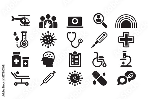 Medical and Healthcare Icons Set: Stethoscope, Pills, Virus, and Treatment Equipment