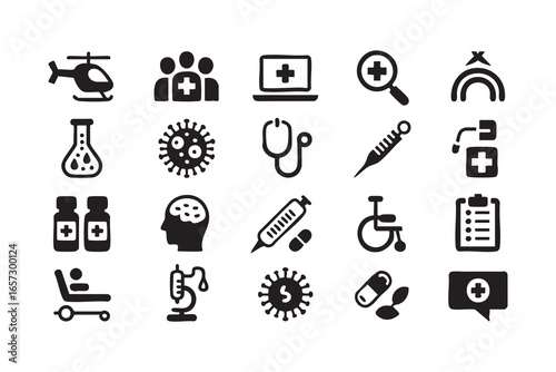 Medical Symbols for Health Services: Virus, Syringe, Doctor Tools, and Emergency