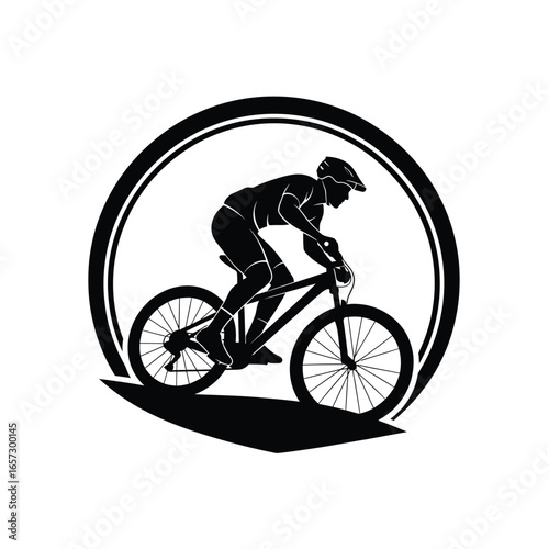 Silhouette of a cyclist riding a mountain bike within a circular frame, in motion.