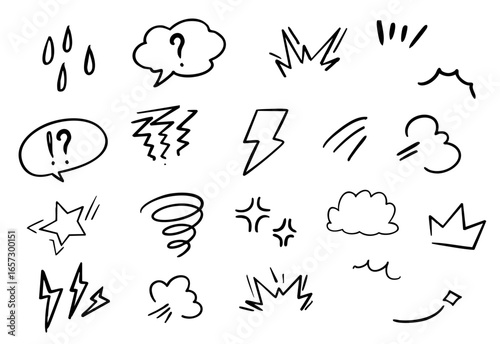 手書きの黒い気づき線　漫符アイコンセット ベクター 黒	