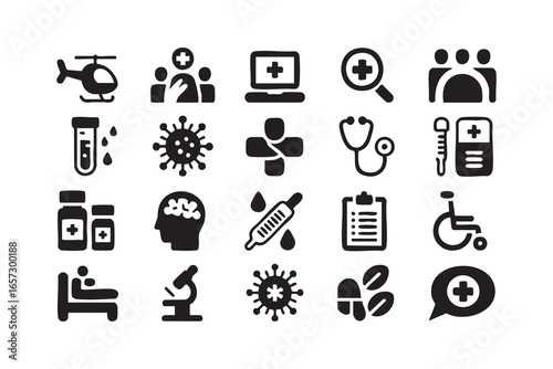 Healthcare and Medical Icon Set: Ambulance, Syringe, Stethoscope, and Pills