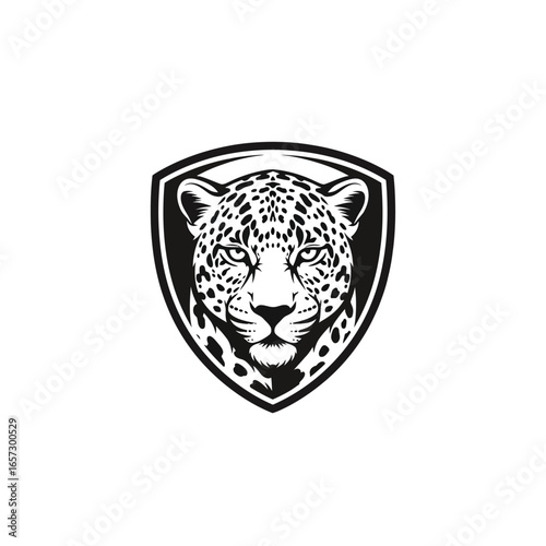 A stylized black and white graphic of a jaguar's head, enclosed within a shield-like design.