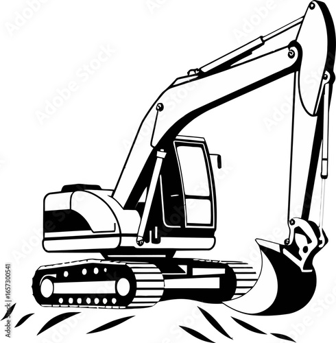 Excavator on the ground in black and white, suitable for construction. Perfect for website banners, blog posts, and social media.