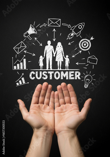 Hands holding customer family graphic with business concepts