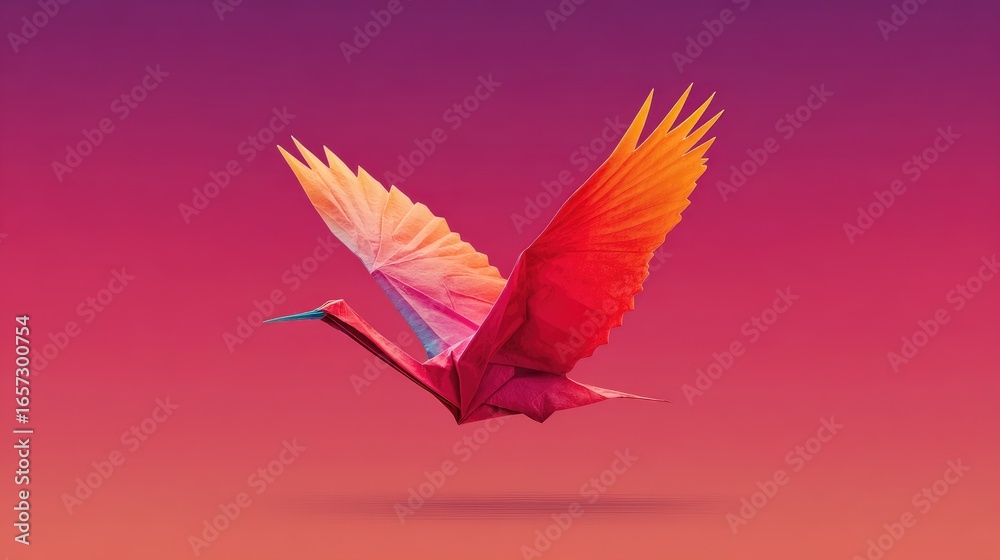Fototapeta premium Colorful origami crane in flight against gradient background