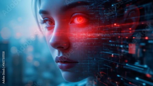 Futuristic android woman with red glowing eyes, technology face animation digital processing,