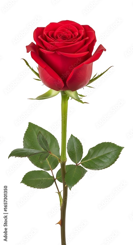 Fototapeta premium Single vibrant red rose with green leaves on white background