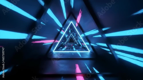 Neon triangle tunnel with vibrant blue and pink light streaks