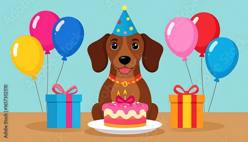 Adorable Dachshund Dog Celebrating Birthday with Cake and Balloons.