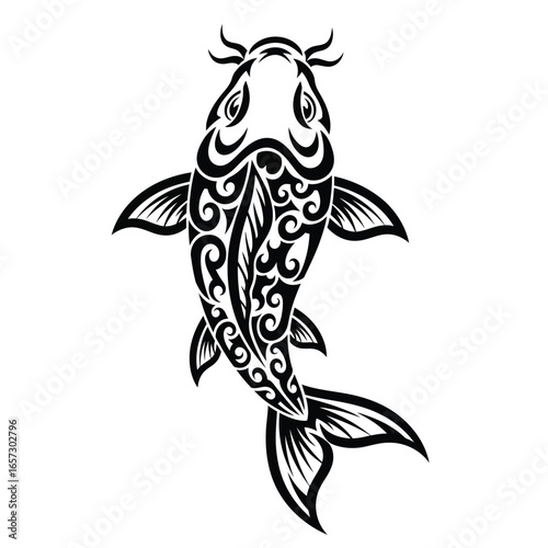 Stylized ornamental koi fish with long barbels designed in a black tribal pattern, isolated vector graphic for tattoo or logo