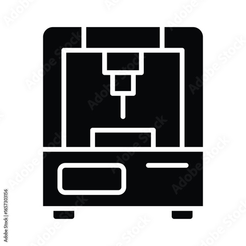 Black and white icon of a 3D printer with a detailed design and features