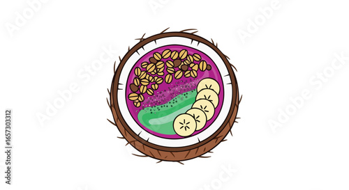 A colorful illustrated smoothie bowl with granola and banana slices served in a coconut shell.