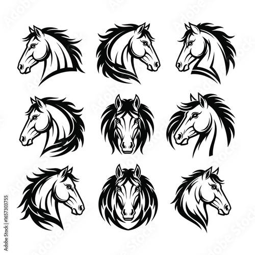 Collection of elegant horse head illustrations, showcasing the power and beauty of these magnificent animals in monochrome style.