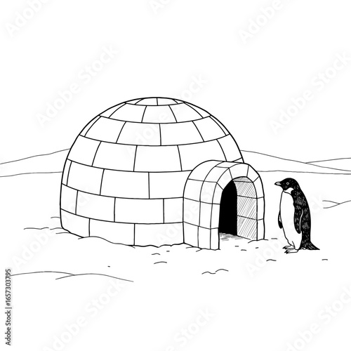 A dome-shaped igloo built from ice blocks sits in a snowy landscape, with a curious penguin standing at its arched entrance—blending Arctic charm with whimsical character