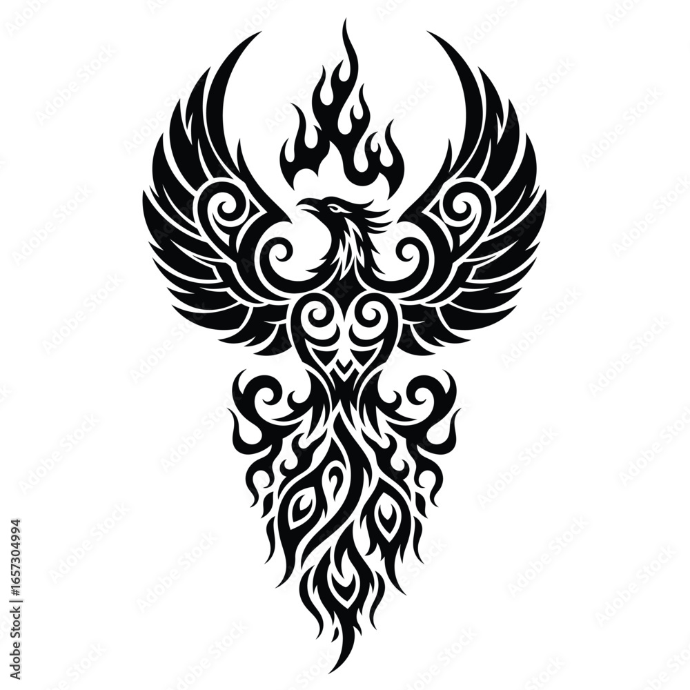 Obraz premium A stylized tribal phoenix design, flames engulfing its body, wings outstretched in a symmetrical pattern.