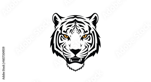 A fierce tiger head with amber eyes, depicted in a bold black and white graphic style suitable for a logo or mascot.