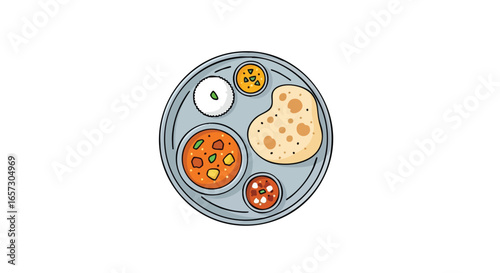A top-down vector illustration of a traditional Indian thali meal served on a round platter with various dishes.