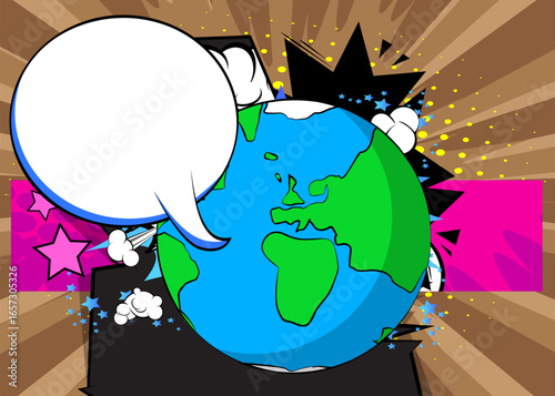 Cartoon planet Earth with blank speech bubble, comic book Planet background. Retro vector comics pop art design.