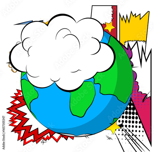 Cartoon planet Earth with blank speech bubble, comic book Planet background. Retro vector comics pop art design.