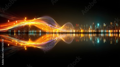 Night city lights reflected, dynamic streaks
