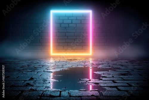 Neon rectangle frame in dark alleyway with puddle reflection
