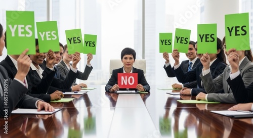 Business team with yes signs and one no sign showing disagreement in a corporate meeting for decision making and leadership concepts