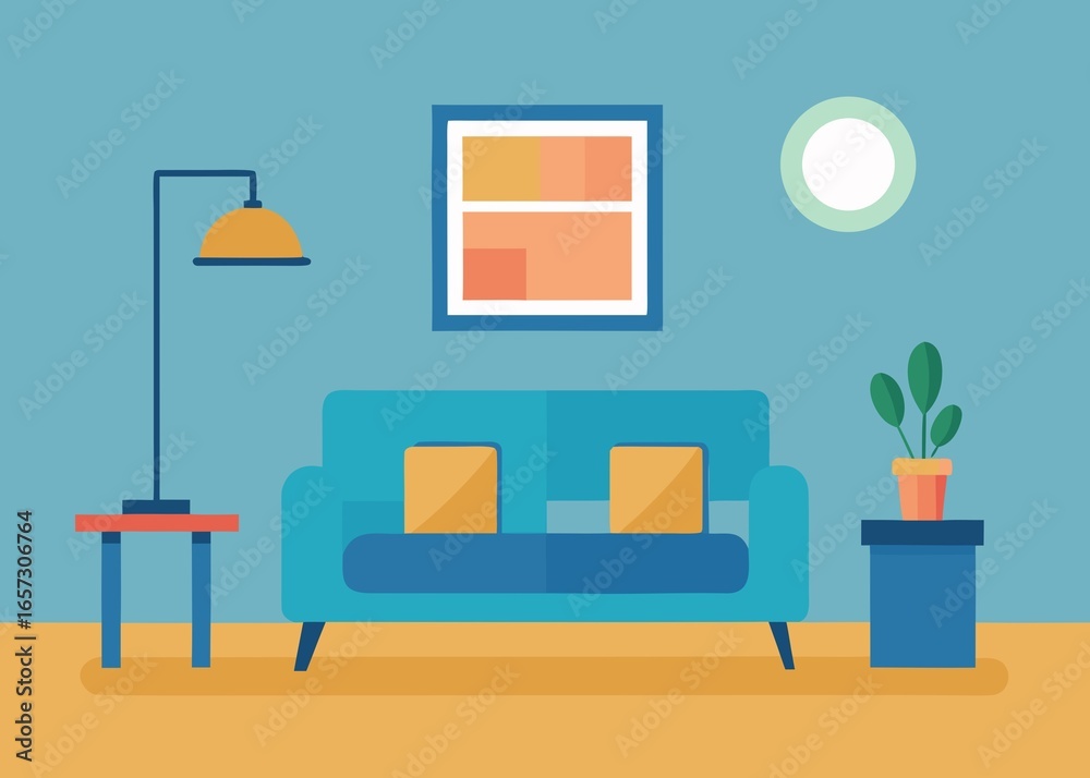Fototapeta premium Cozy Living Room Interior Design with Blue Sofa Lamp Artwork and Plant Illustration