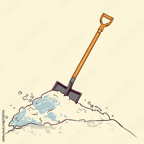 Shovel clearing snow from a pile on light background  