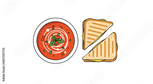 An overhead view of a classic comfort food pairing: a bowl of creamy tomato soup with basil and a grilled cheese sandwich.