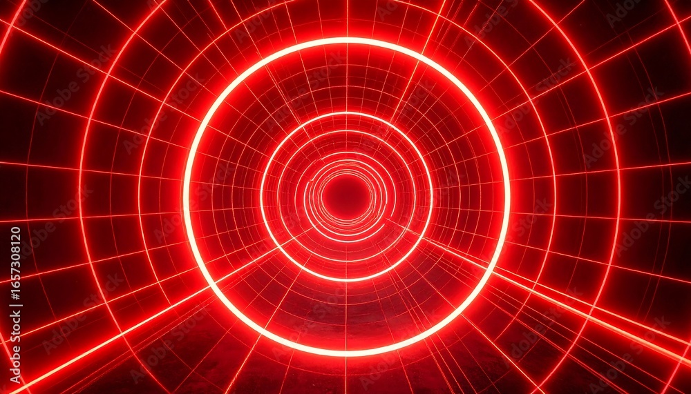 Fototapeta premium A vibrant, red digital tunnel of concentric circles, illuminated by glowing lines, creates a captivating and futuristic atmosphere.