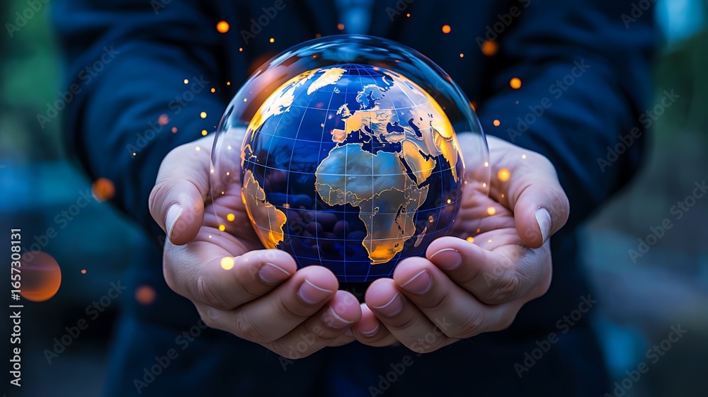 Fototapeta premium Hands holding glowing earth globe with digital lights representing global connection and future technology 