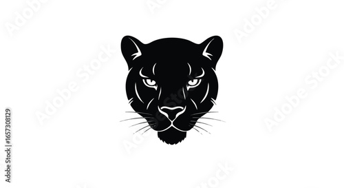 A powerful, symmetrical black panther head illustration with a fierce gaze on a white background.
