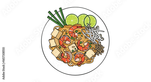 An overhead illustration of a plate of delicious Pad Thai with shrimp, tofu, and fresh garnishes.