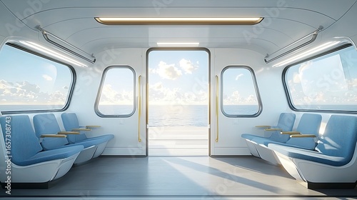 Futuristic train interior with a sea view