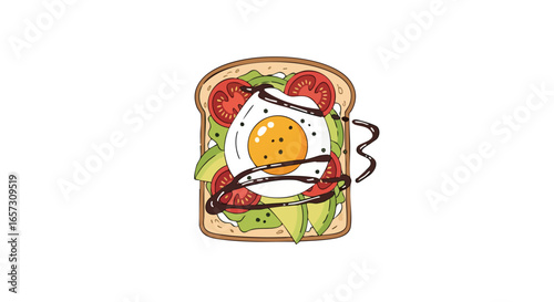 A hand-drawn illustration of avocado toast topped with a fried egg, tomatoes, and a balsamic glaze drizzle.