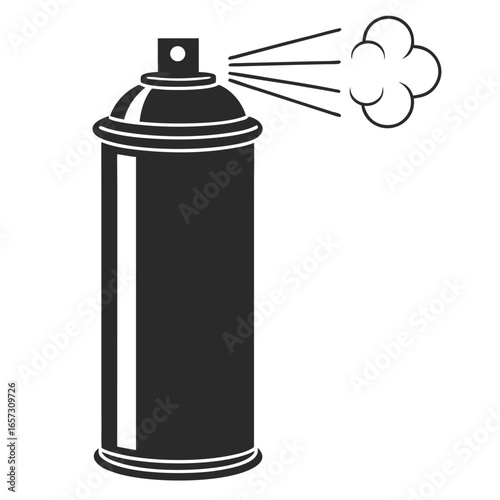 Spray Paint Can Illustration in Black and White Depicting Aerosol Cloud Ejecting