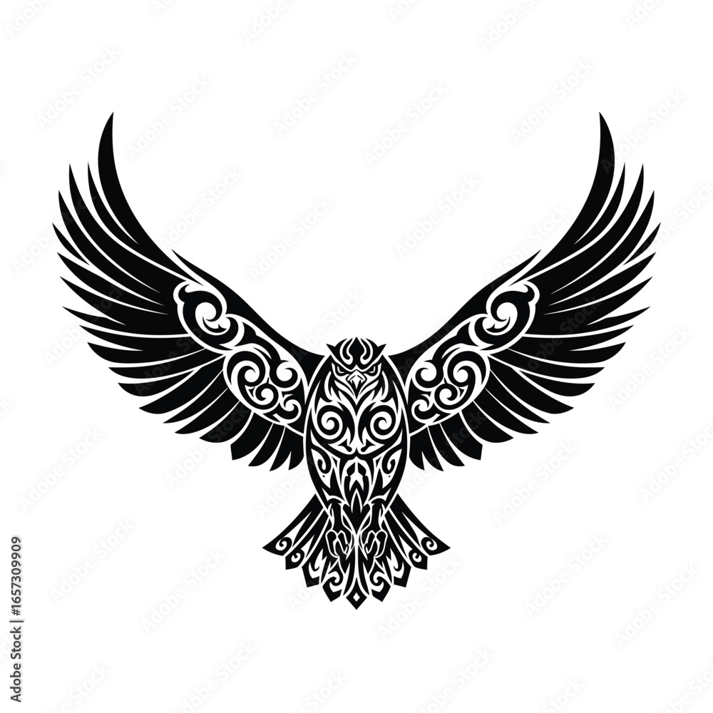 Obraz premium Tribal-style eagle design with wings outstretched, intricate detailing, black and white.