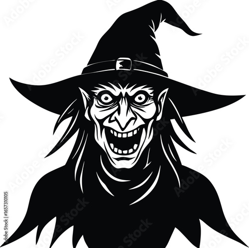 Halloween Black Witch Silhouette Illustration of Creepy Ugly Hag Vector Isolated on Transparent Background