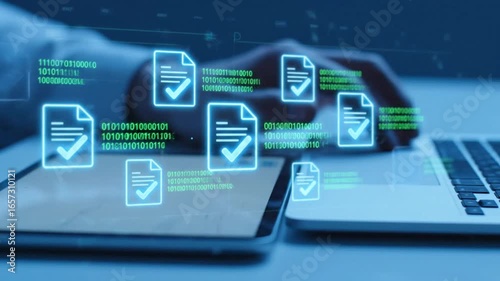 Wallpaper Mural Digital Document Approval Process with Tablet and Laptop in Blue Tones Torontodigital.ca