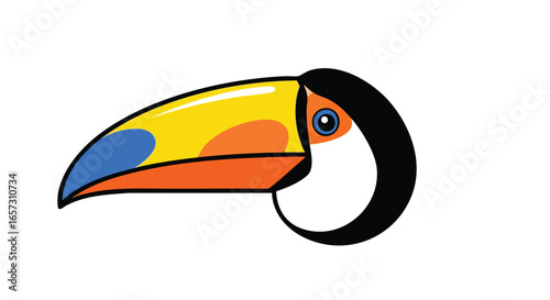 A vibrant cartoon illustration of a toucan's head in profile, showcasing its large, colorful beak against a white background.