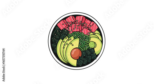 Illustrated poke bowl with raw tuna, sliced avocado, and seaweed on a white background.