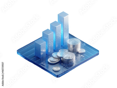 Isometric graphic of a rising bar graph with stacks of coins, set on a transparent, light-blue platform