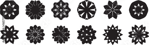 Collection of twelve unique black snowflake icons on a white background representing winter and cold weather