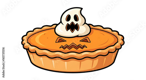 A cartoon pumpkin pie with a decorative ghost on top and a jack o lantern face carved into the pie