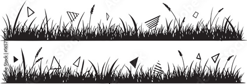 Two rows of black silhouette grass with abstract shapes and lines on a white background