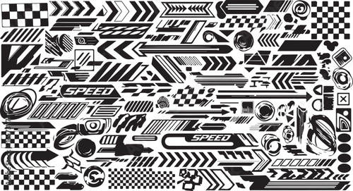 Collection of black and white racing stripes arrows and checkered patterns for sports and speed themes