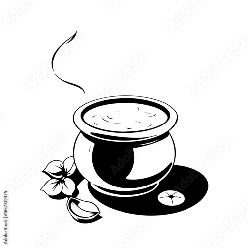 Simple Grayscale Depiction Of a Pot With Rising Steam And Flowers Beside It On White Background