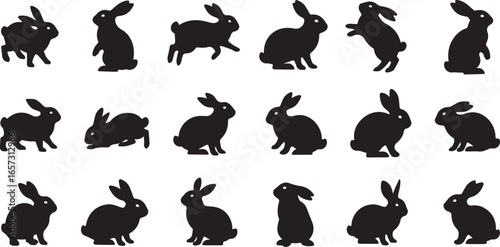 Collection of black rabbit silhouettes in various playful poses on a white background